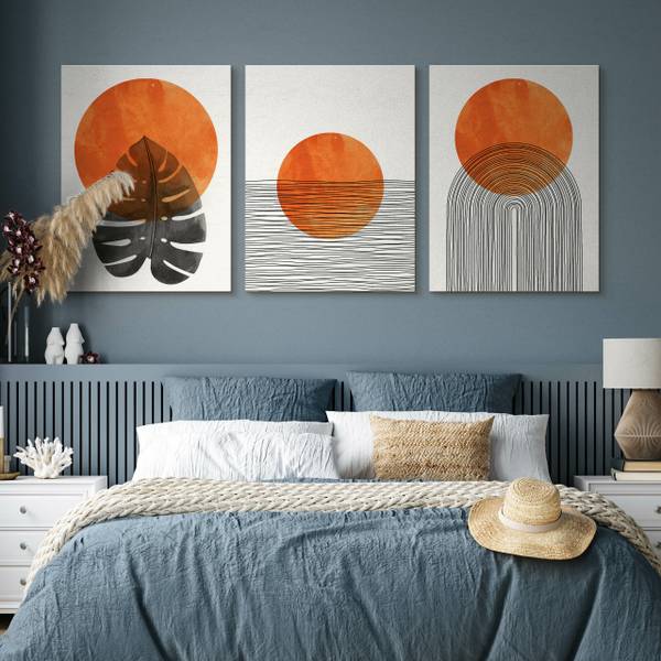 Leinwandbilder BLÄTTER Boho 3-er Set Beige - Schwarz - Orange - Leinen - 90 x 40 x 40 cm