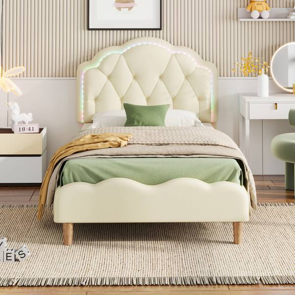 Polsterbett Lotte Beige - Holzwerkstoff - Massivholz - Kunstleder - 95 x 107 x 206 cm