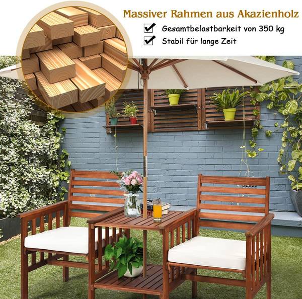 Gartenbank mit Doppelsitz+Beistelltisch Braun - Holzwerkstoff - 65 x 88 x 165 cm