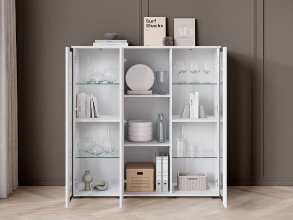 Highboard Caro mit Beleuchtung Glas Weiß - Eiche