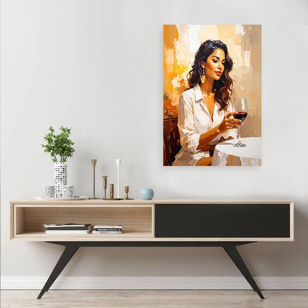Wandbild frau mit einem glas wein am 60 x 90 cm