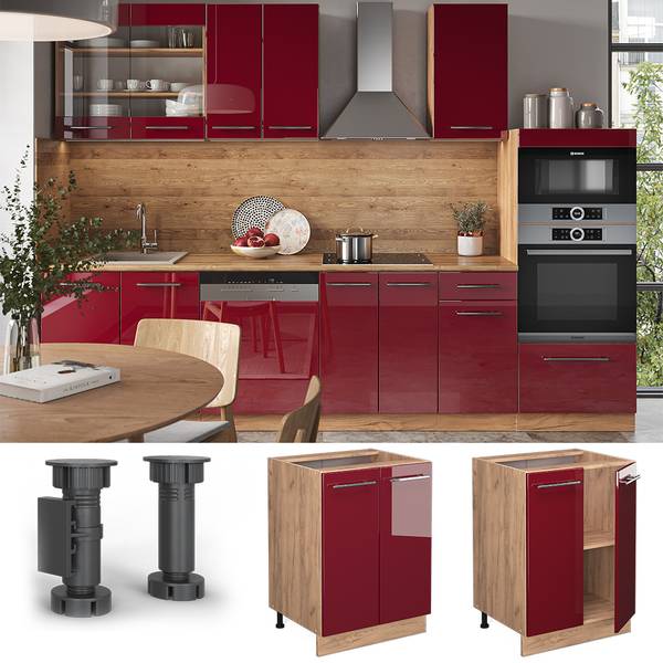 Keukenonderkast Fame-Line 46748 hoogglans bordeauxrood - eikenhouten look - Breedte: 60 cm