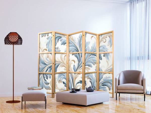 Paravent Ornament Natur 5-tlg Beige - Blau - Grau - Weiß - Holzwerkstoff - Textil - 225 x 172 x 3 cm