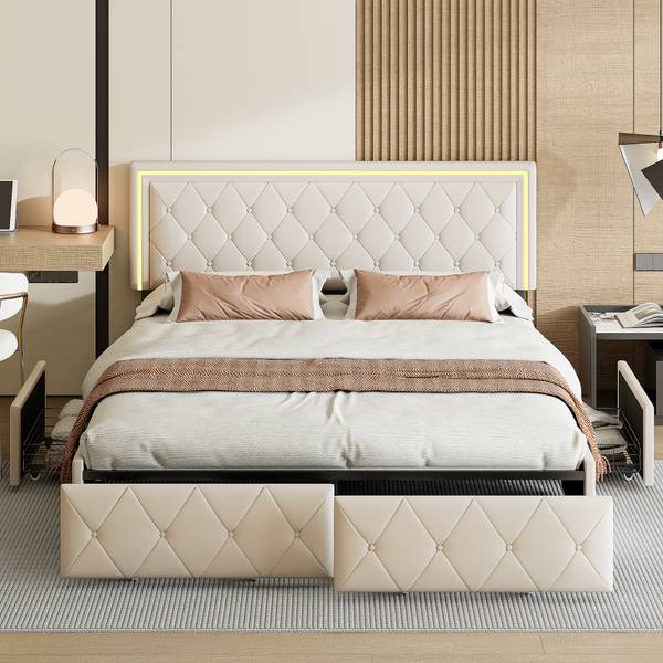 Doppelbett Polsterbett HDF09 Beige - Metall - Massivholz - 145 x 96 x 208 cm