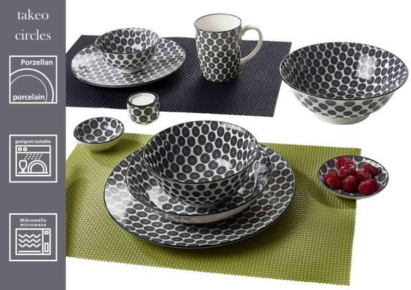 Speiseteller Takeo Circles 4er Set Schwarz - Weiß - Porzellan - 27 x 3 x 27 cm