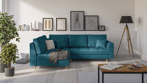 Skandinavisches Ecksofa Amber mit Hocker Türkis - Ecke davorstehend links