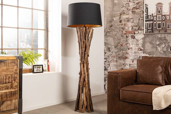 Stehlampe HARMONY NATURE Schwarz - Braun - Gold - Baumwollstoff - Wolle - Teakholz - 50 x 151 x 50 cm