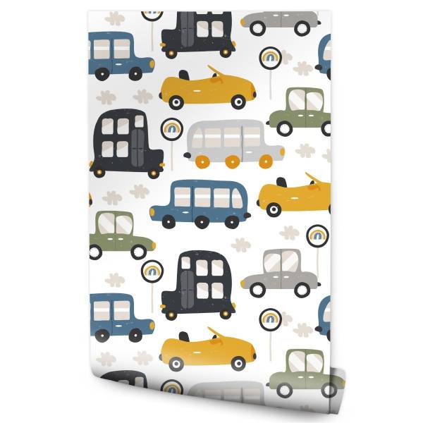 Kinderbehang AUTO'S Verkeersborden blauw - grijs - groen - wit - vlies - 53 x 1000 x 1000 cm