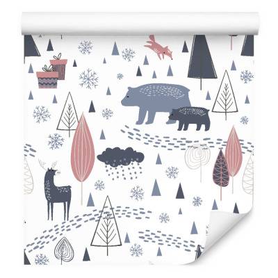 Papier Peint animaux forêt arbres nature Beige - Gris - Blanc - Polaire - 53 x 1000 x 1000 cm