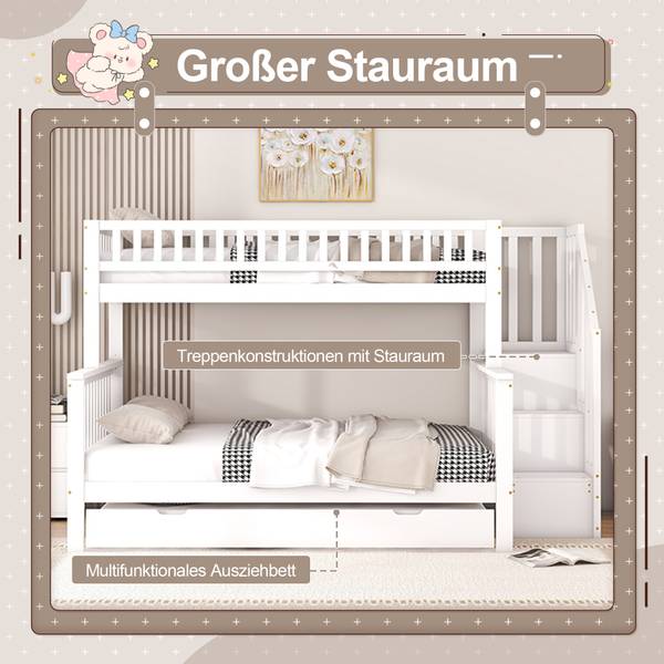 Lit superposé triple Vulcanus Ⅴ Blanc - Pin - Acier - 148 x 160 x 253 cm