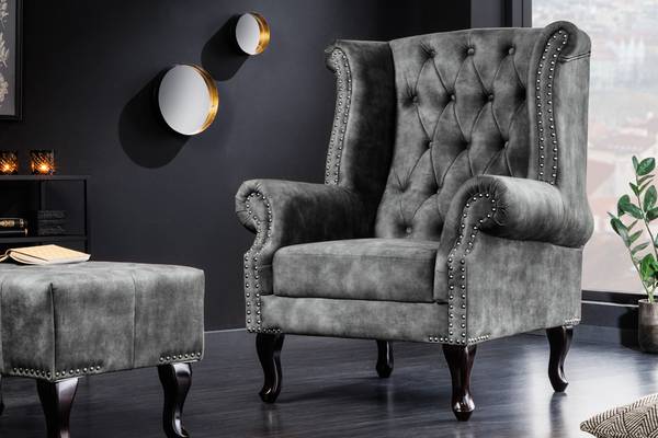 Ohrensessel CHESTERFIELD Grau - Polyester - Samt - 85 x 105 x 75 cm
