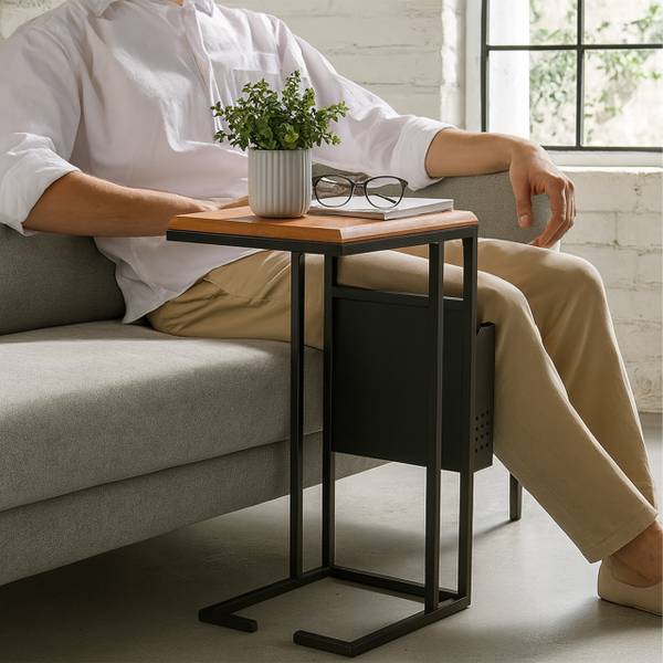 Beistelltisch mit Zeitungsablage C-Form Schwarz - Braun - Eisen - 30 x 63 x 37 cm