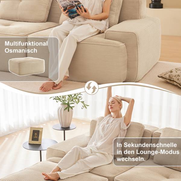 Ecksofa FX-OTM Beige - Cord - 293 x 69 x 177 cm