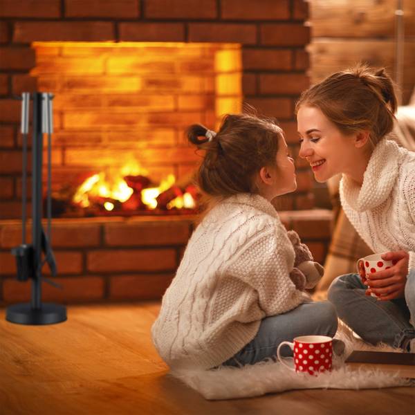 Kaminbesteck modern 4-teilig mit Ständer Schwarz - Silber - Stahl - 15 x 57 x 15 cm