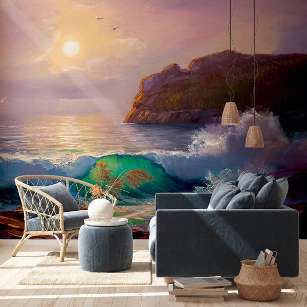 Fototapete Meereswellen Gemälde Blau - Braun - Grün - Violett - Türkis - Weiß - Gelb - Vinyl - 350 x 255 x 1 cm