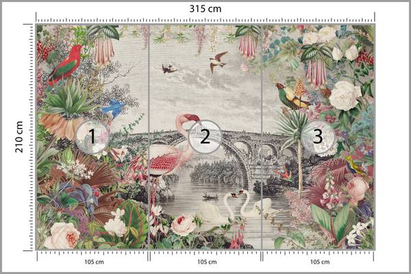 Vlies-Fotobehang Vogels BLOEMEN Blad beige - zwart - blauw - bruin - grijs - groen - oranje - rood - vlies - 315 x 210 x 210 cm
