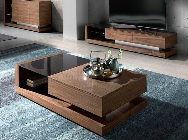 Table basse verre noir noyer Marron - Noyer - Acier - Cristal - 130 x 36 x 70 cm