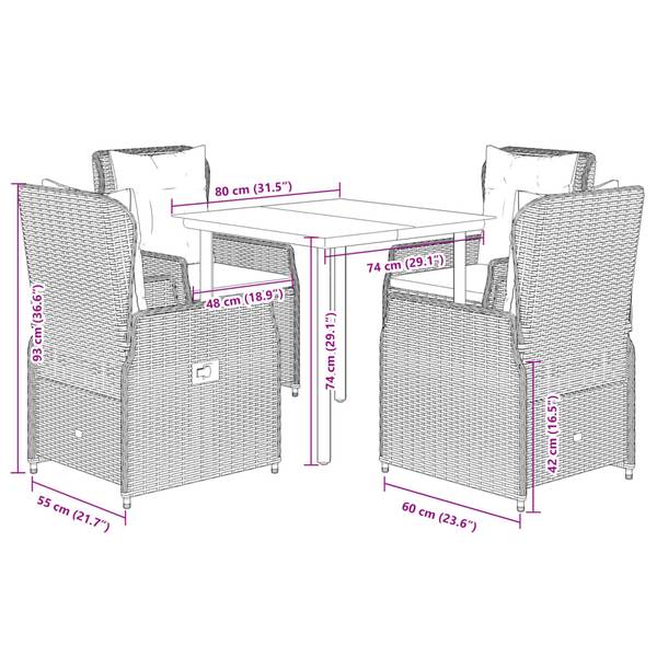 Garten-Essgruppe 3048866-3 5-teilig Grau - Polyrattan - 80 x 74 x 80 cm