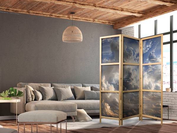 Paravent Sterne Wolken 3-tlg Beige - Blau - Grau - Weiß - Holzwerkstoff - Textil - 135 x 172 x 172 cm