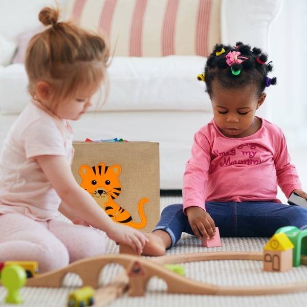 Boîte de rangement pour enfants Beige - Noir - Orange - Lin - 33 x 33 x 33 cm