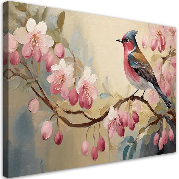 Wandbild vogel auf einem ast blumen 90 x 60 cm