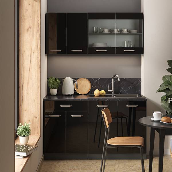 Singleküche R-Line 42955 Anthrazit - Hochglanz Schwarz