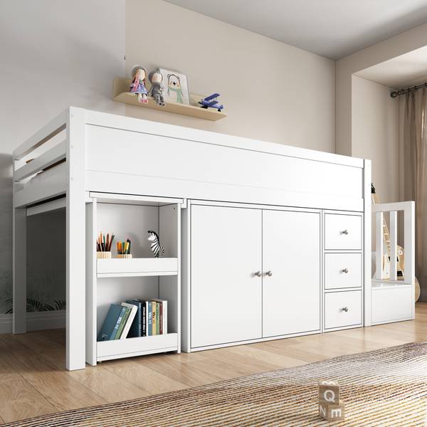 Hochbett BB3564 Weiß - Massivholz - 95 x 111 x 250 cm