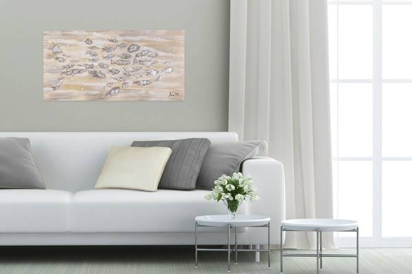Acrylbild Handgemalt Fische Qo Beige - Baumwollstoff - 100 x 50 x 4 cm
