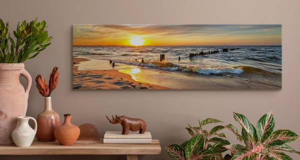 Tableau Coucher De Soleil Paysage 3D Beige - Orange - Jaune - Lin - 145 x 45 x 45 cm