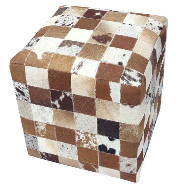 Patchwork Fellhocker Jaspal Beige - Holzwerkstoff - Echtfell - 45 x 45 x 45 cm