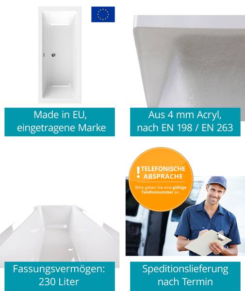 Badewanne Modern Select 1-teilig Weiß - Kunststoff - 80 x 42 x 180 cm