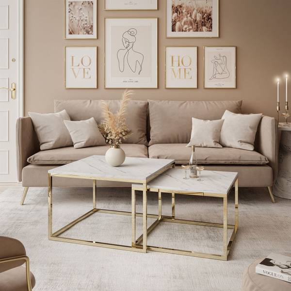 YOSHI LEVANTO 2 in 1 Couchtisch Gold - Weiß - Holzwerkstoff - 70 x 41 x 70 cm