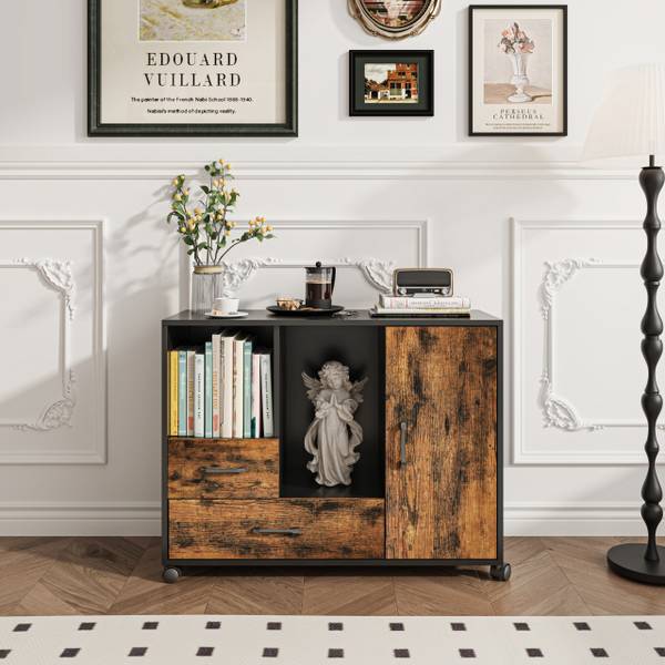 Rollcontainer 2 Schubladen & 4 Fächer Schwarz - Braun - Eisen - 90 x 70 x 35 cm