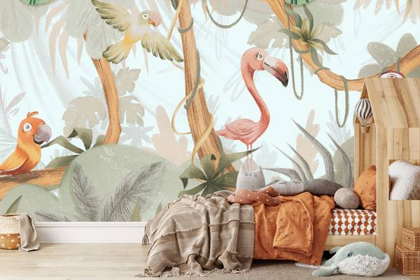 Papier Peint Pour Enfant OISEAUX Plantes Beige - 300 x 210 x 210 cm