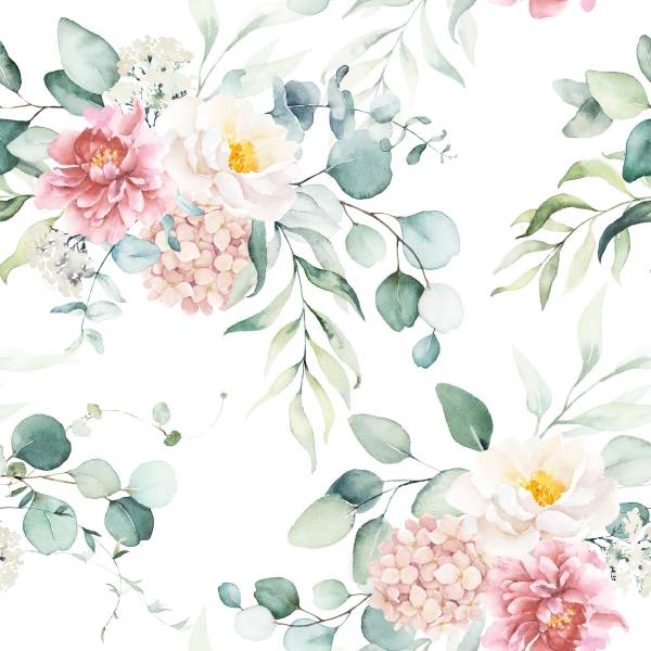 Papier Peint FLEURS Feuilles Eucalyptus Beige - Vert - Rose foncé - Blanc - Polaire - 53 x 1000 x 1000 cm