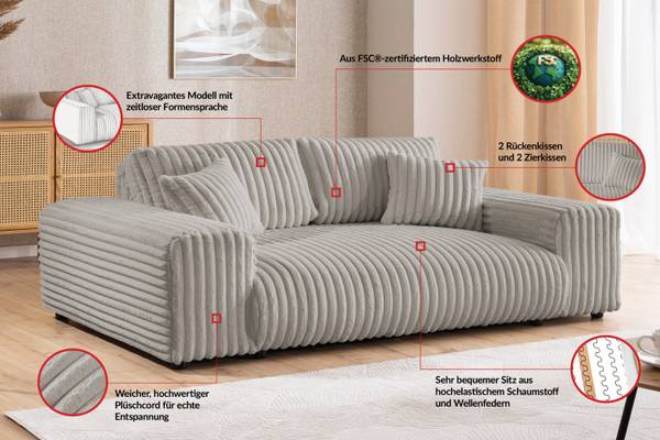 Sofa 3 Sitzer Mollis Hellgrau
