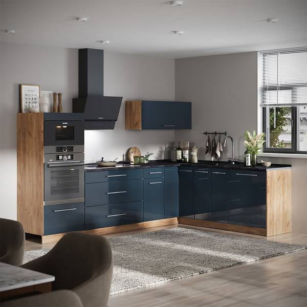 Hoekkeuken Fame-Line 65711 blauw - bruin - staal - 287 x 154 x 60 cm