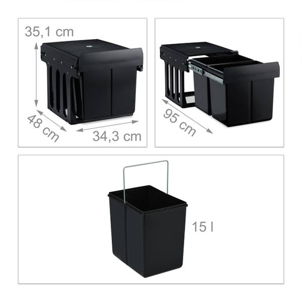 Inbouw prullenbak 2x15 l zwart zwart - staal - 35 x 36 x 48 cm