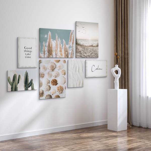 Leinwandbilder Set Strand Pflanzen Zitat Beige - Blau - Grün - Leinen - 110 x 80 x 80 cm