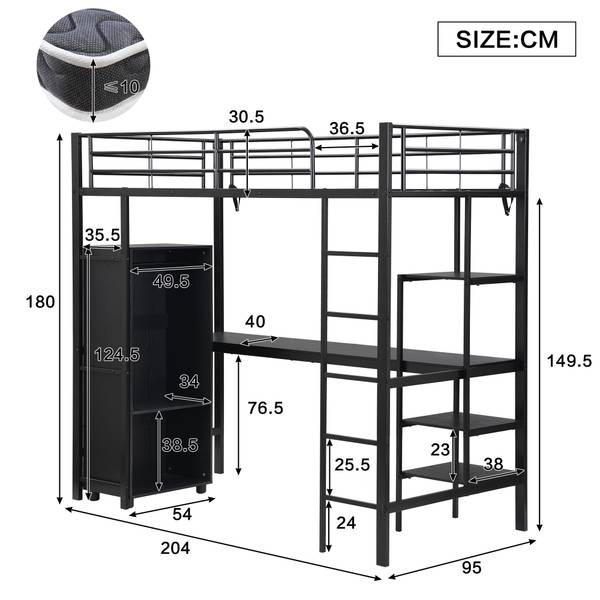 Lit mezzanine EveMetal Ⅰ Noir - Fer - 95 x 180 x 204 cm