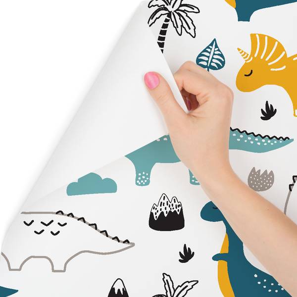 TAPETE Junge Dinosaurier Blätter Berge Schwarz - Blau - Weiß - Papier - 53 x 1000 x 1000 cm