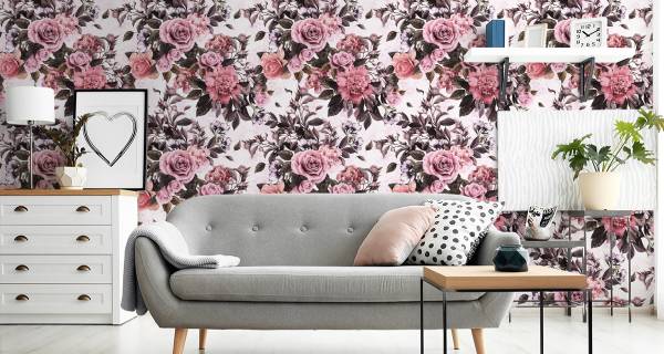 Tapete Rosen PFINGSTROSEN Blumen Natur Grün - Pink - Weiß - Fleece - 53 x 1000 x 1000 cm