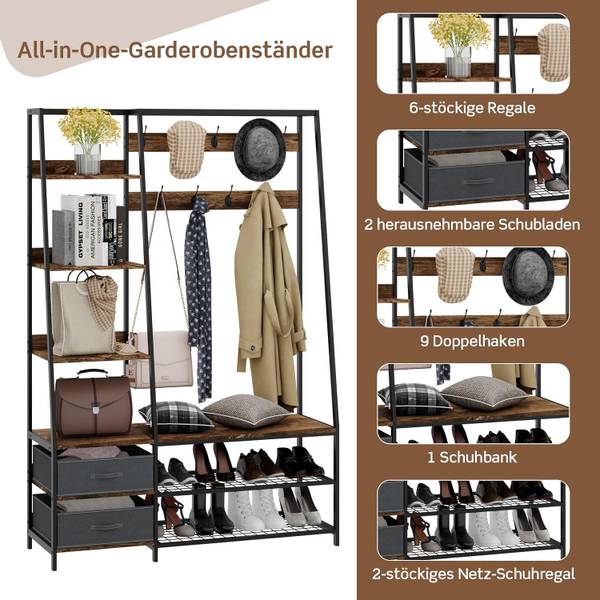 Kledingkaststandaard TG32468 bruin - plaatmateriaal op houtbasis - 40 x 180 x 122 cm