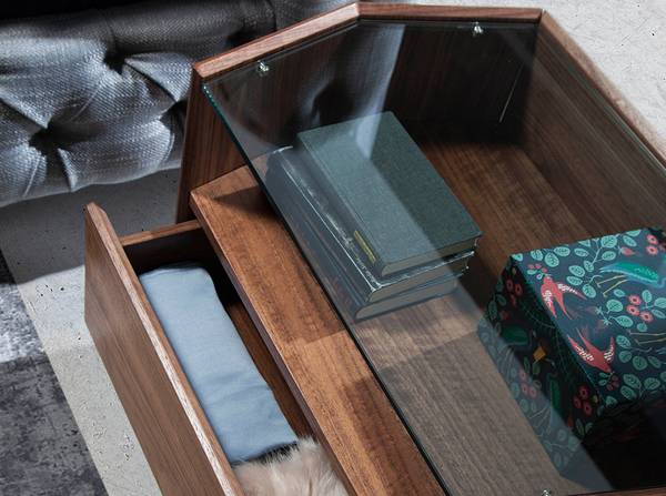 Nachtkastje 7072 walnoot - zink - transparant glas - 65 x 50 x 45 cm