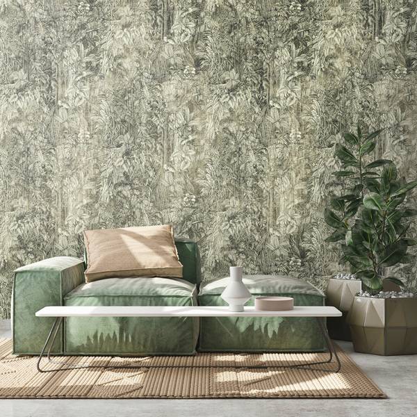 Fototapete Vintage Floral Grau - Grün - Fleece - 159 x 280 x 1 cm