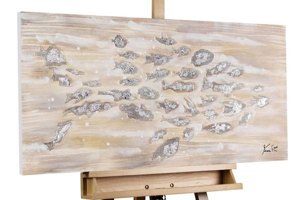 Acrylbild Handgemalt Fische Qo Beige - Baumwollstoff - 100 x 50 x 4 cm
