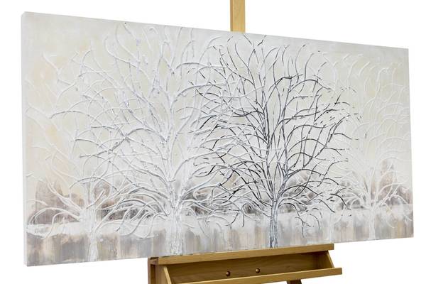 Tableau peint à la main Branche argentée Beige - Blanc - Coton - 120 x 60 x 4 cm