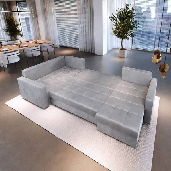Ecksofa LORIVO Hellgrau - Ecke davorstehend links - Ottomane davorstehend links