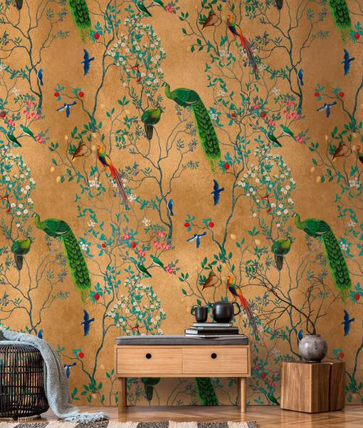 Fototapete mit Pfau Blau - Braun - Grün - Fleece - 159 x 280 x 1 cm