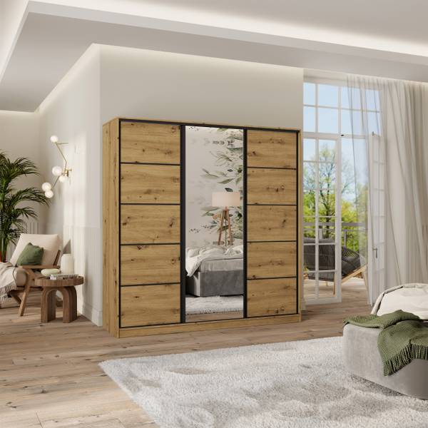 Kleiderschränk PINA 180 Schwarz - Eiche - Eiche Dekor - Breite: 180 cm